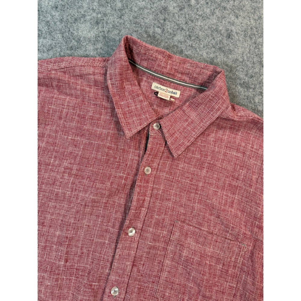 Carbon2Cobalt Mens Large Red Linen Cotton Short Sleeve Button Up Shirt Grid L